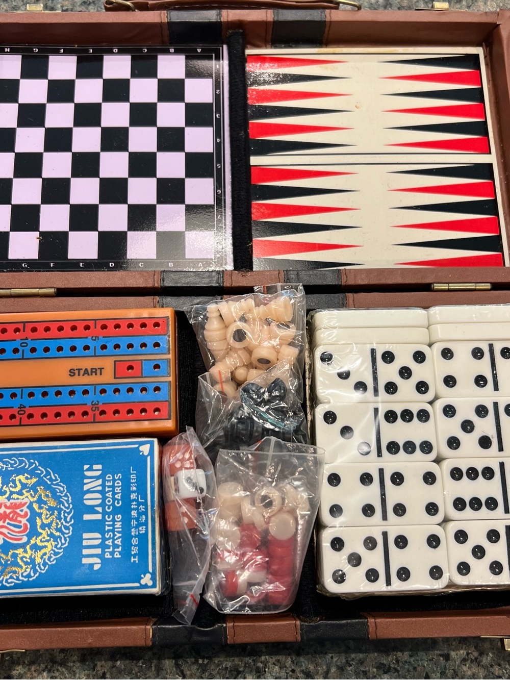 Multi-Game Travel Set - Chess, Backgammon, Dominoes & More - Brown/Red/Black
